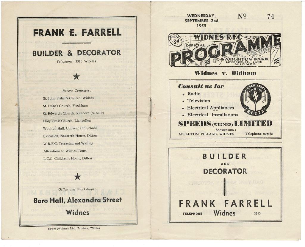 Programme cover: Oldham v Widnes, 2 September 1953