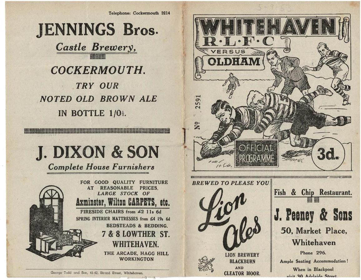 Programme cover: Oldham v Whitehaven, 5 September 1953