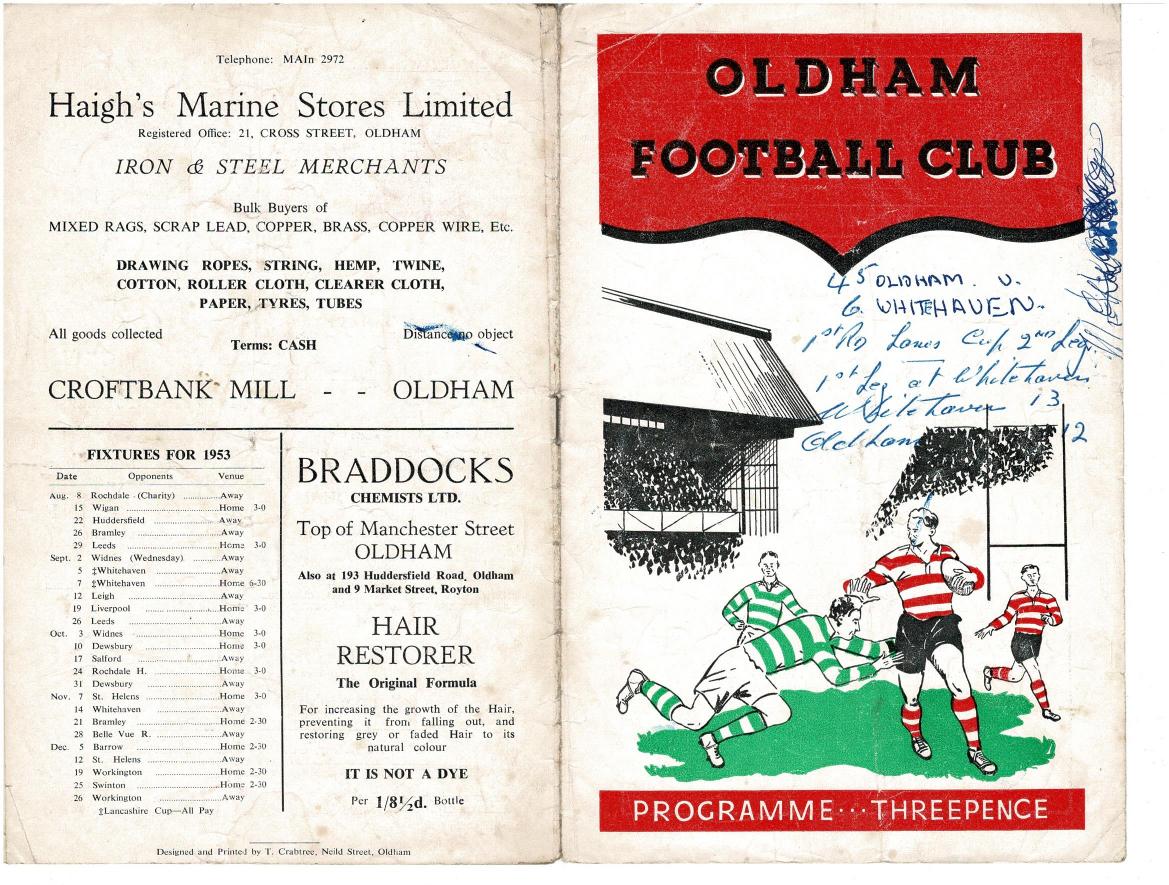 Programme cover: Oldham v Whitehaven, 7 September 1953