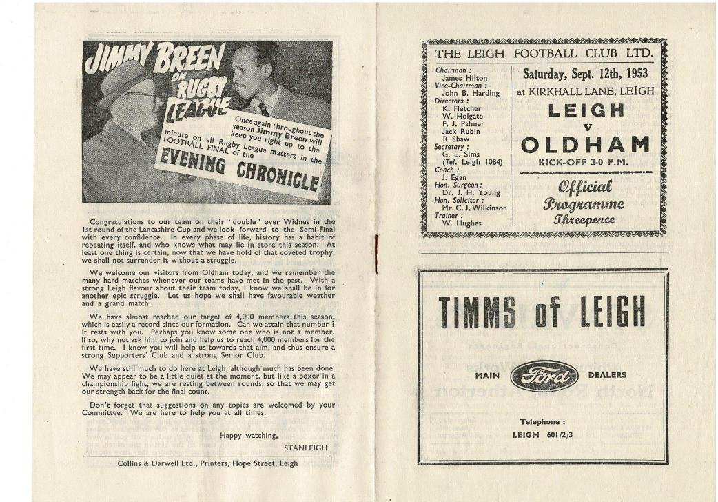 Programme cover: Oldham v Leigh, 12 September 1953