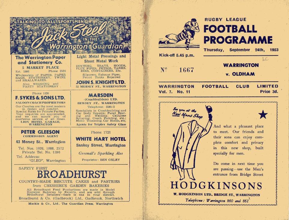 Programme cover: Oldham v Warrington, 24 September 1953