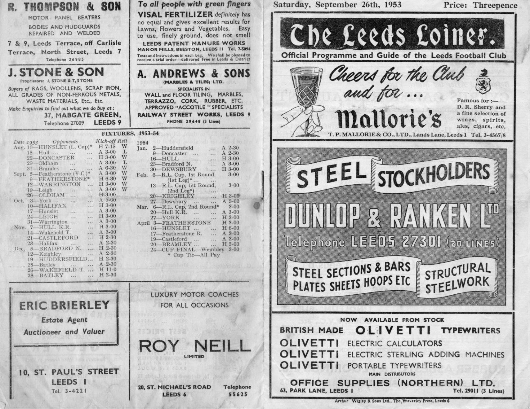 Programme cover: Oldham v Leeds, 26 September 1953