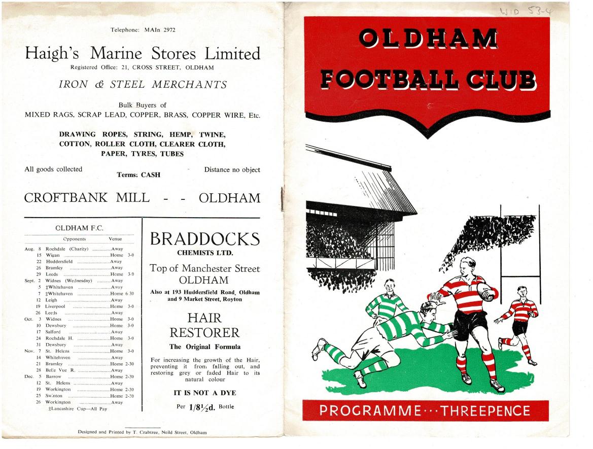 Programme cover: Oldham v Widnes, 3 October 1953