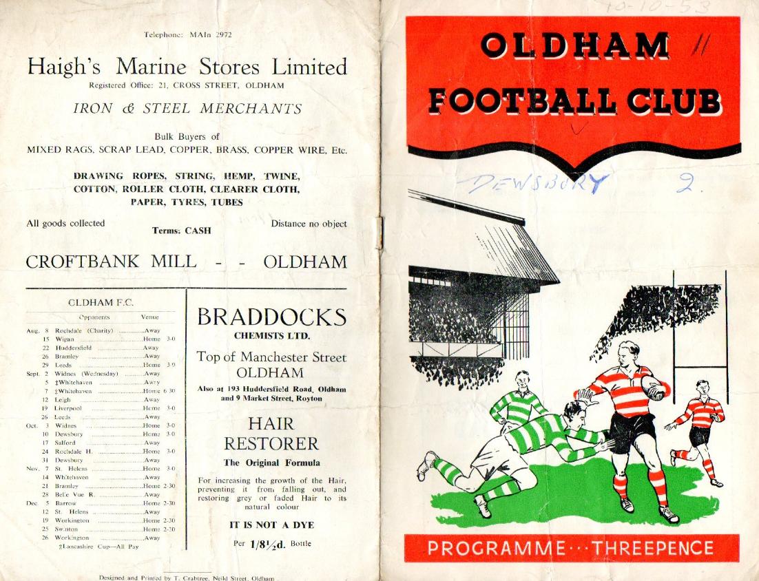Programme cover: Oldham v Dewsbury, 10 October 1953