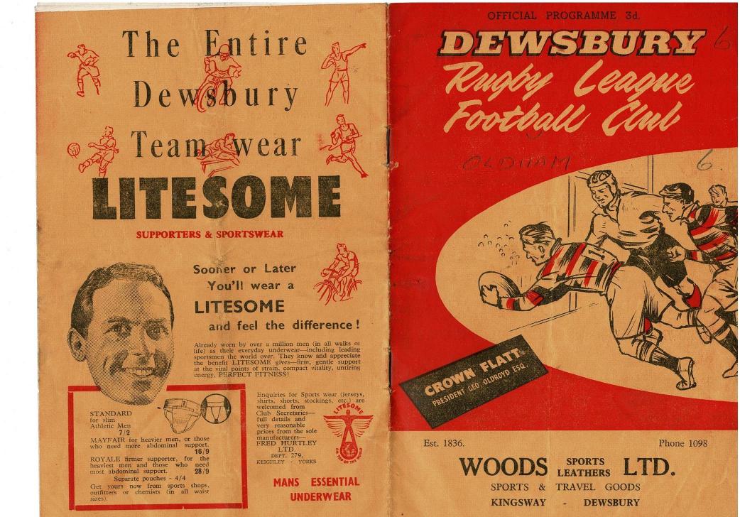 Programme cover: Oldham v Dewsbury, 31 October 1953