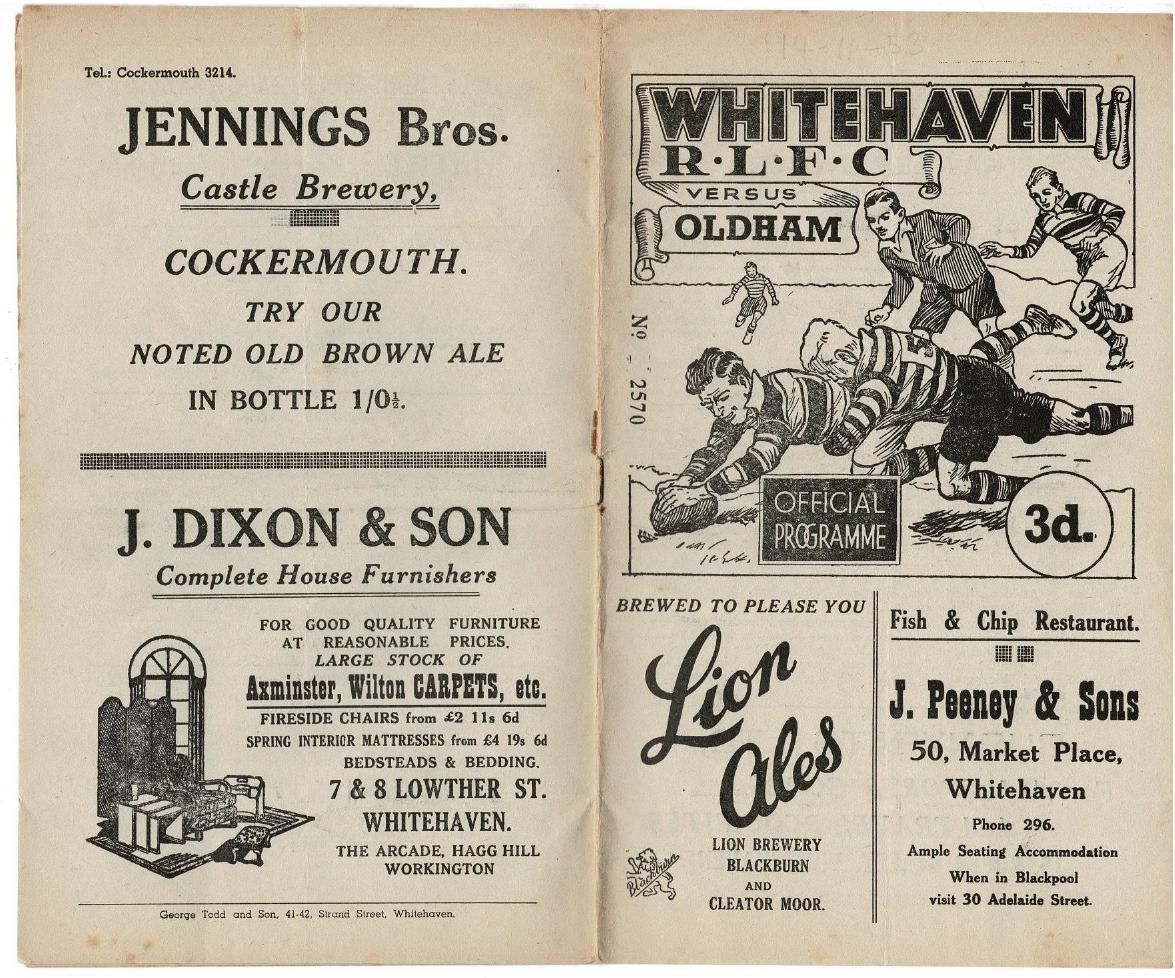 Programme cover: Oldham v Whitehaven, 14 November 1953