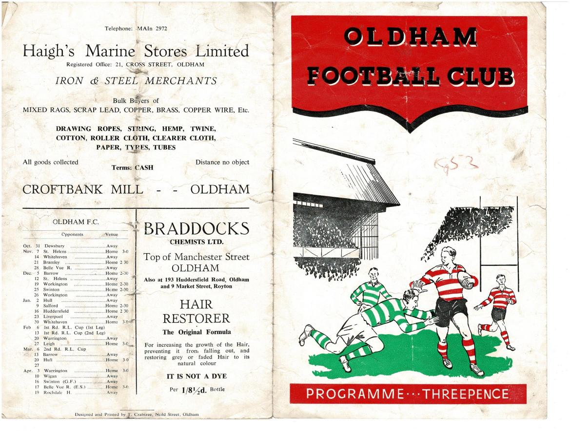 Programme cover: Oldham v Bramley, 21 November 1953