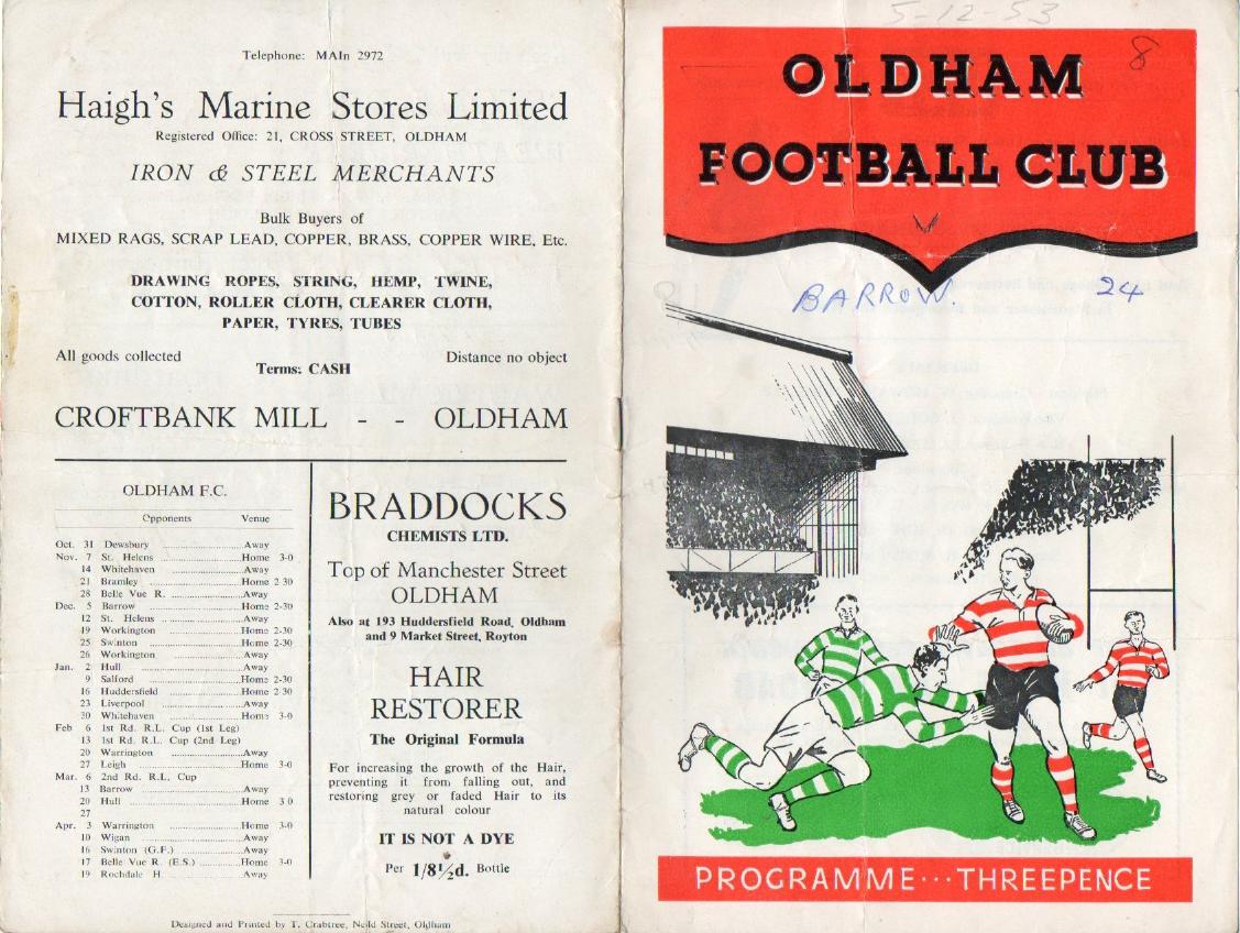 Programme cover: Oldham v Barrow, 5 December 1953