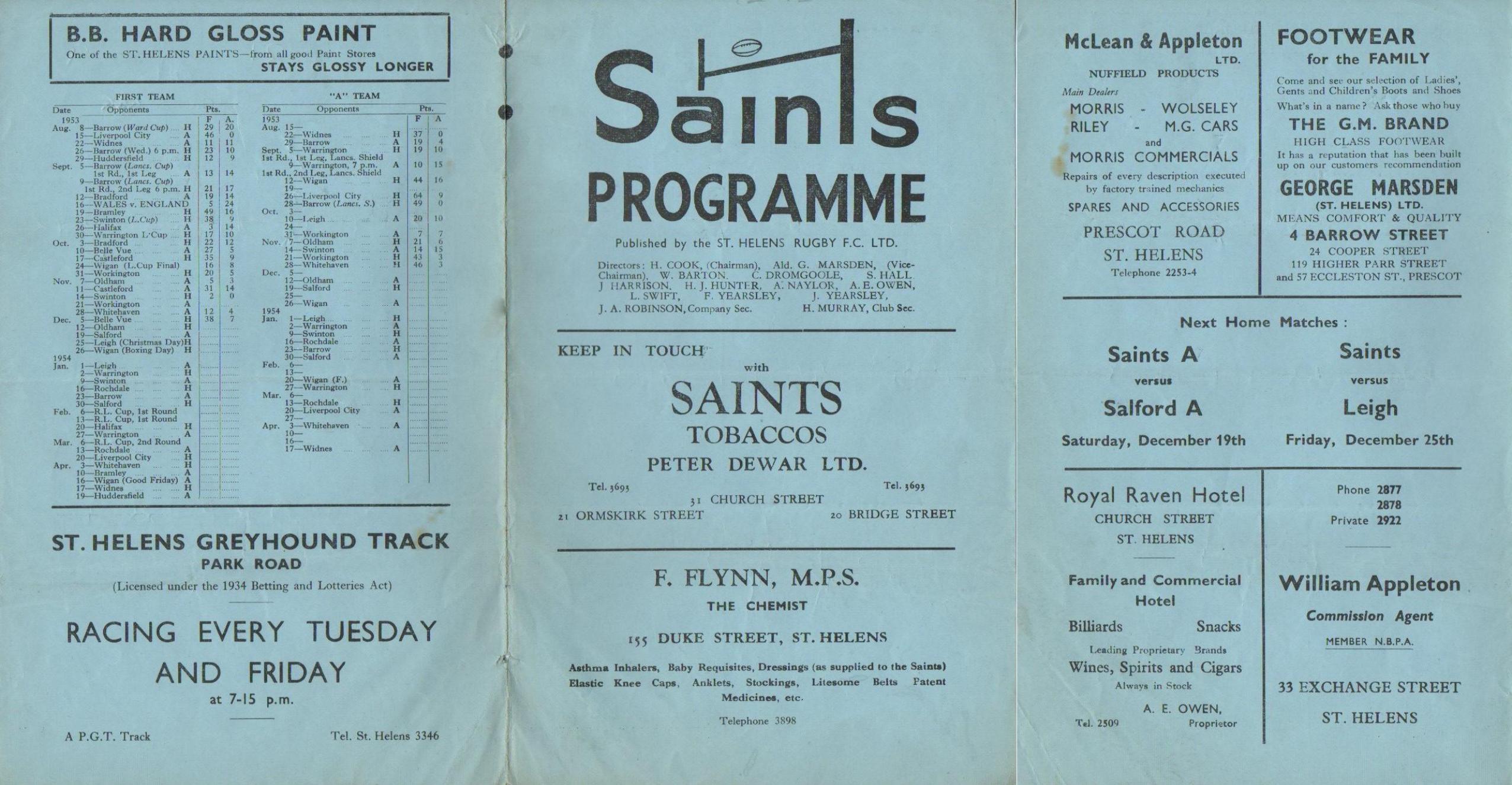 Programme cover: Oldham v St Helens, 12 December 1953