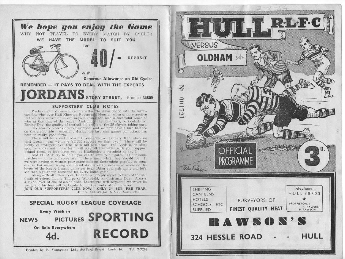 Programme cover: Oldham v Hull FC, 2 January 1954