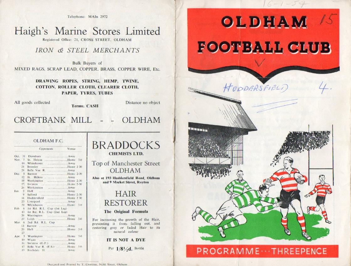 Programme cover: Oldham v Huddersfield, 16 January 1954