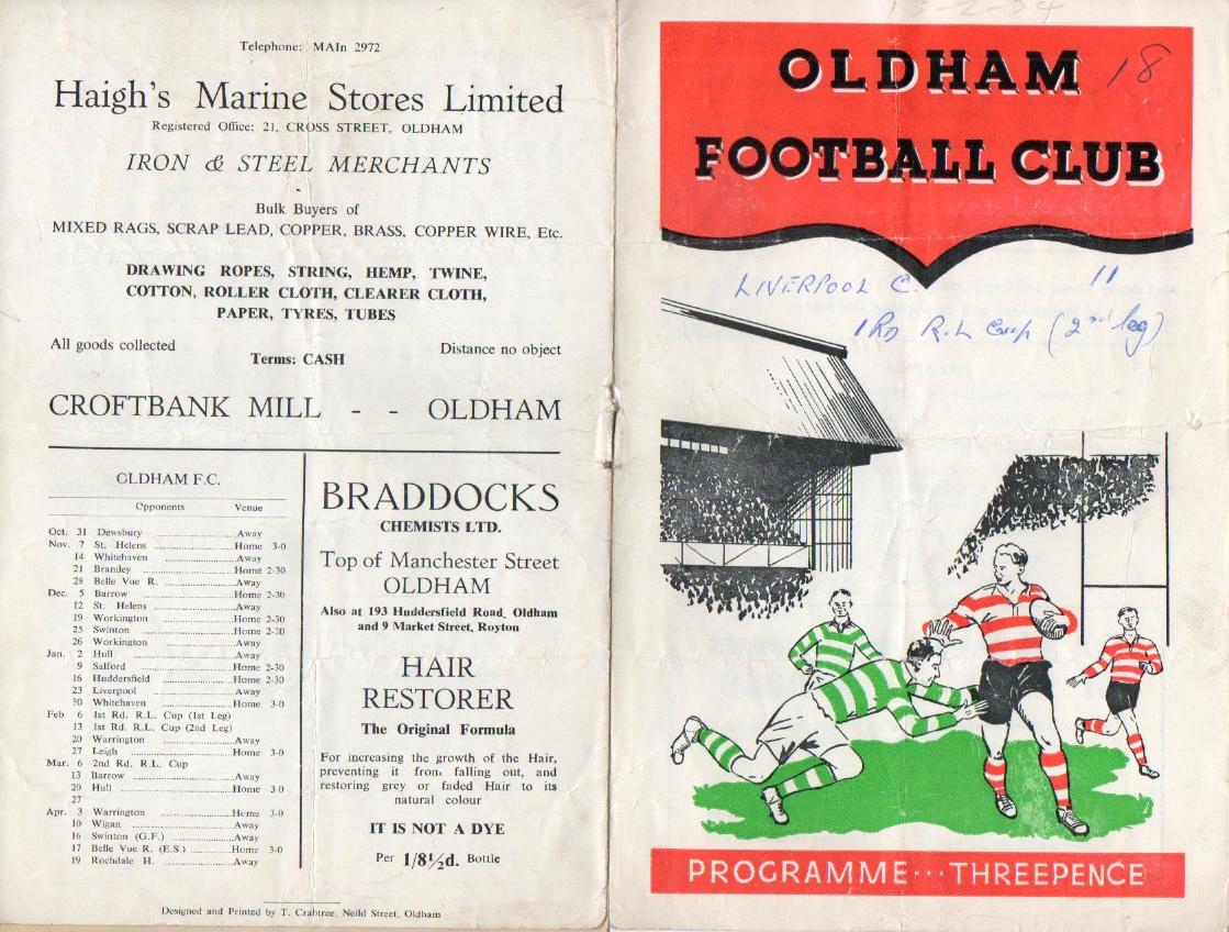 Programme cover: Oldham v Liverpool City, 13 February 1954