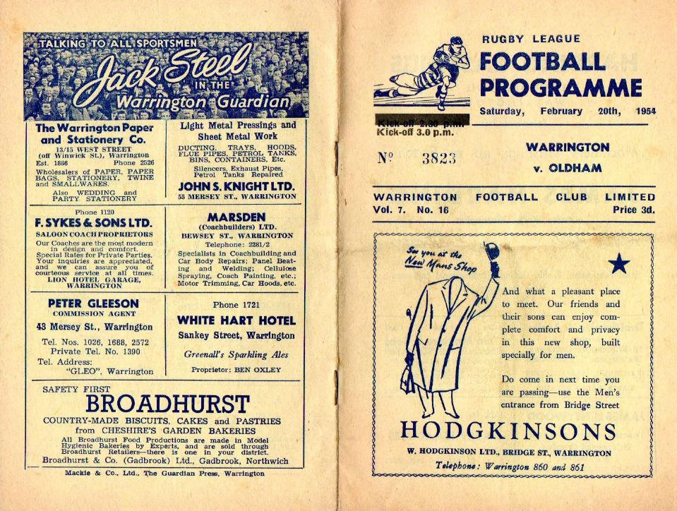 Programme cover: Oldham v Warrington, 20 February 1954
