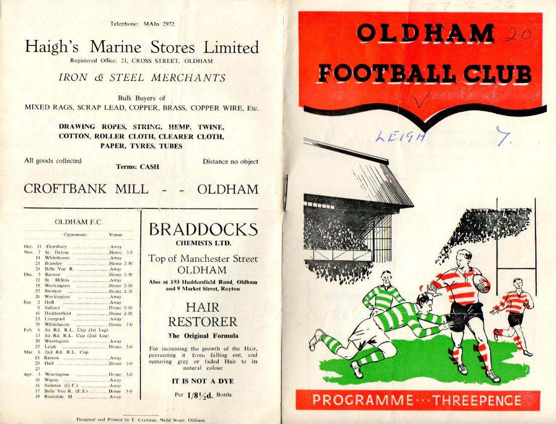 Programme cover: Oldham v Leigh, 27 February 1954