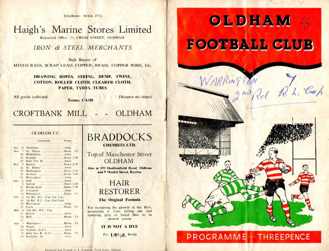 Programme cover: Oldham v Warrington, 6 March 1954