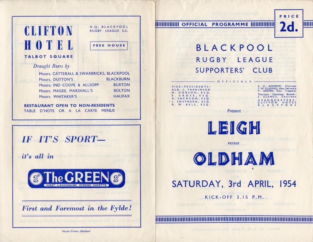 Programme cover: Oldham v Leigh, 3 April 1954