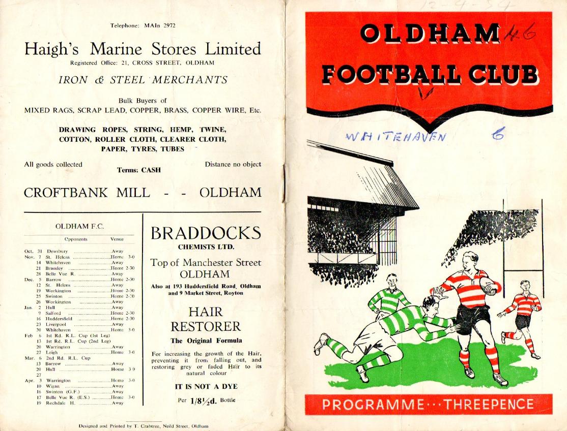 Programme cover: Oldham v Whitehaven, 12 April 1954