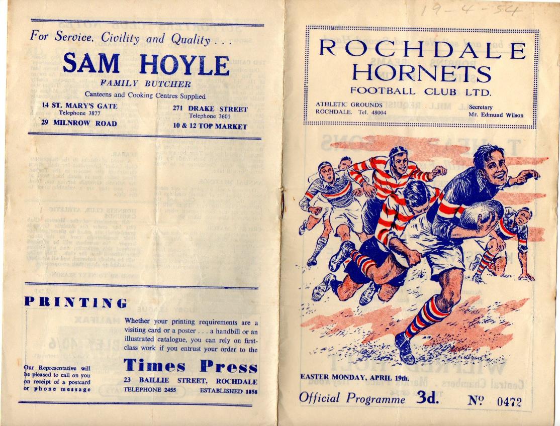 Programme cover: Oldham v Rochdale Hornets, 19 April 1954