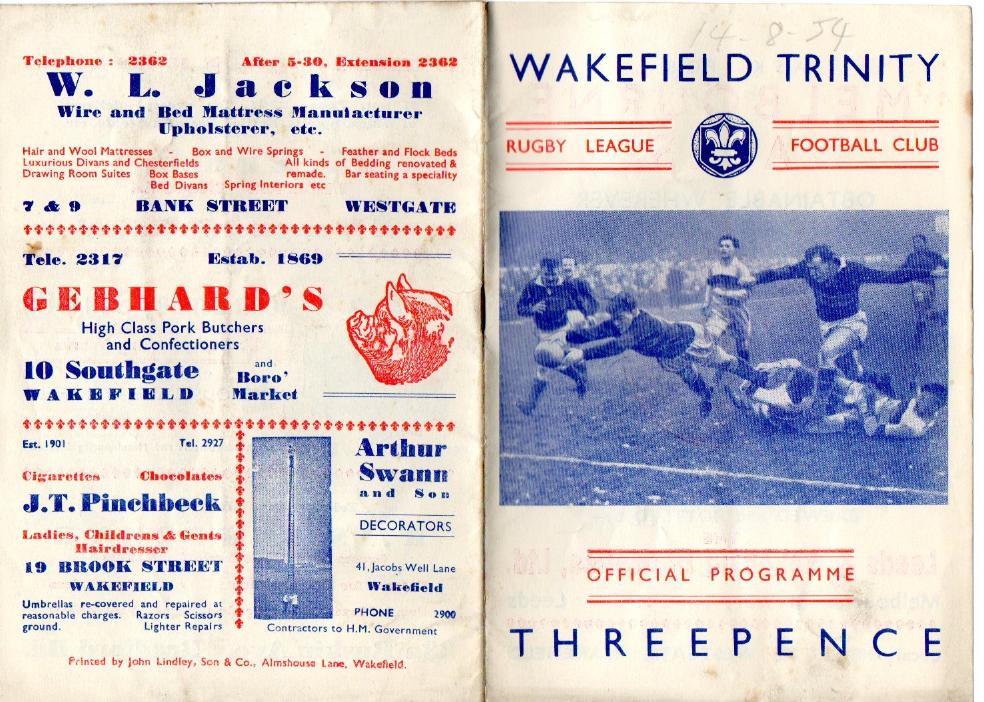 Programme cover: Oldham v Wakefield Trinity, 14 August 1954
