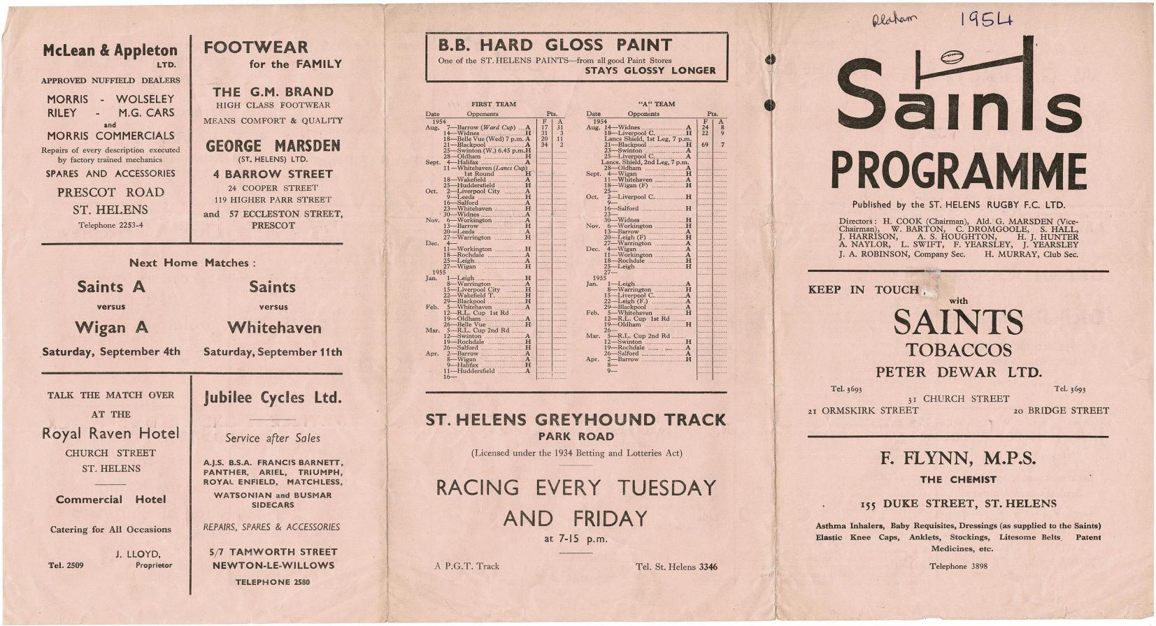 Programme cover: Oldham v St Helens, 28 August 1954