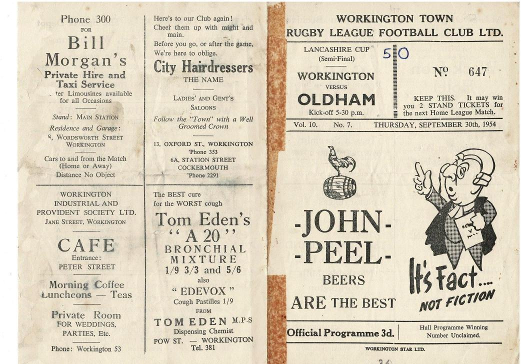 Programme cover: Oldham v Workington Town, 30 September 1954