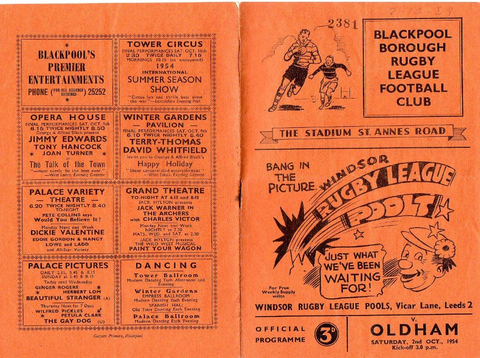 Programme cover: Oldham v Blackpool Borough, 2 October 1954