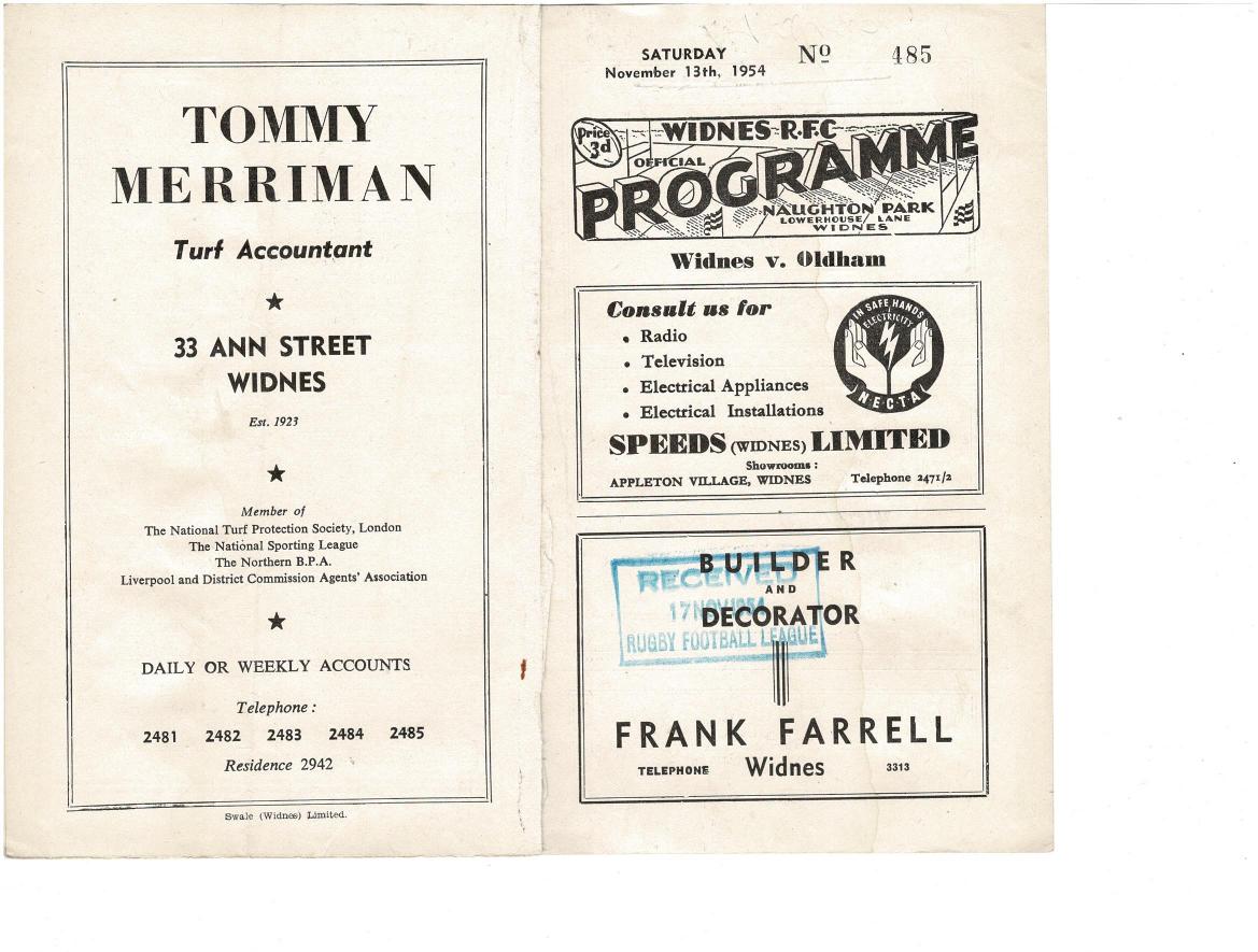 Programme cover: Oldham v Widnes, 13 November 1954