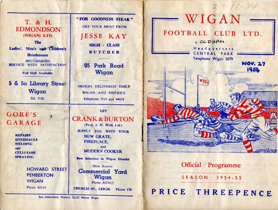 Programme cover: Oldham v Wigan, 27 November 1954