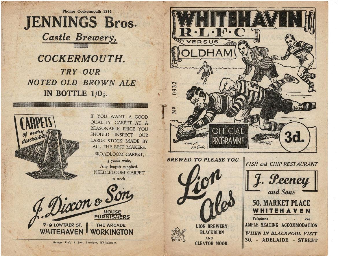 Programme cover: Oldham v Whitehaven, 11 December 1954