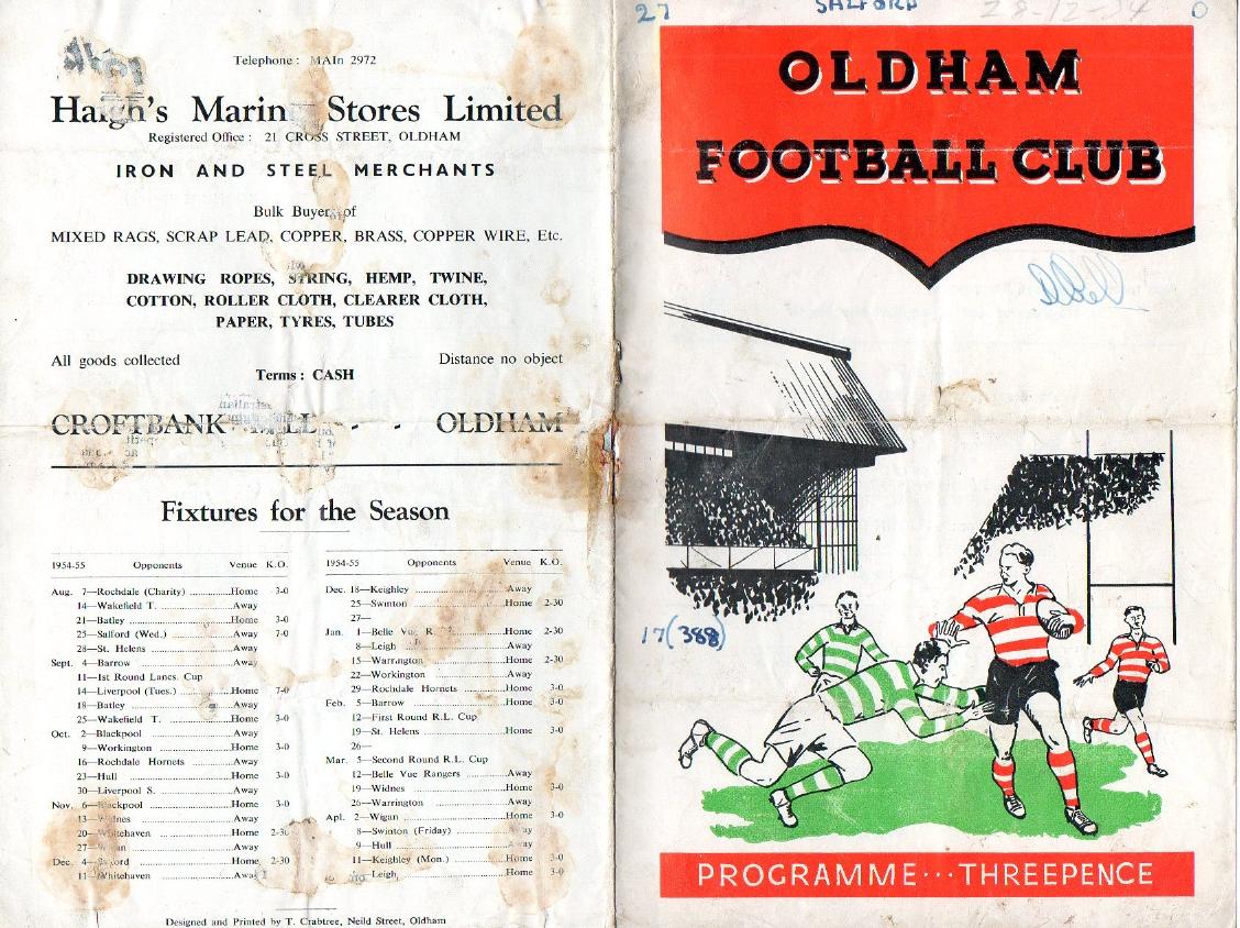 Programme cover: Oldham v Salford, 28 December 1954