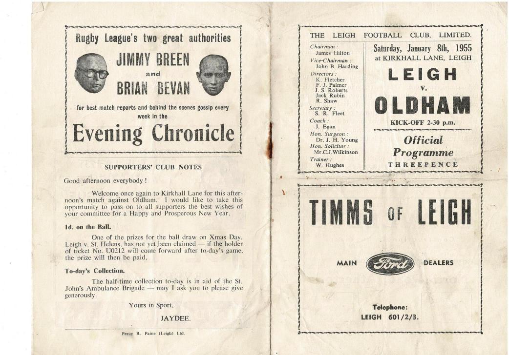 Programme cover: Oldham v Leigh, 8 January 1955