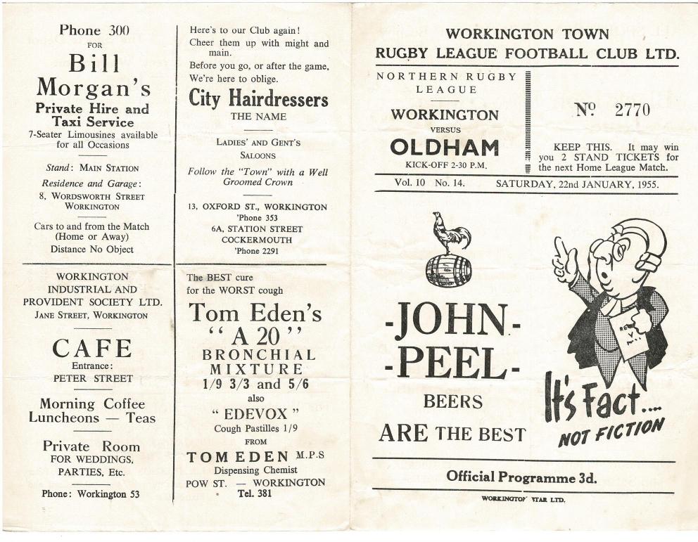 Programme cover: Oldham v Workington Town, 22 January 1955