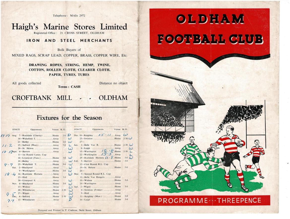 Programme cover: Oldham v Rochdale Hornets, 29 January 1955