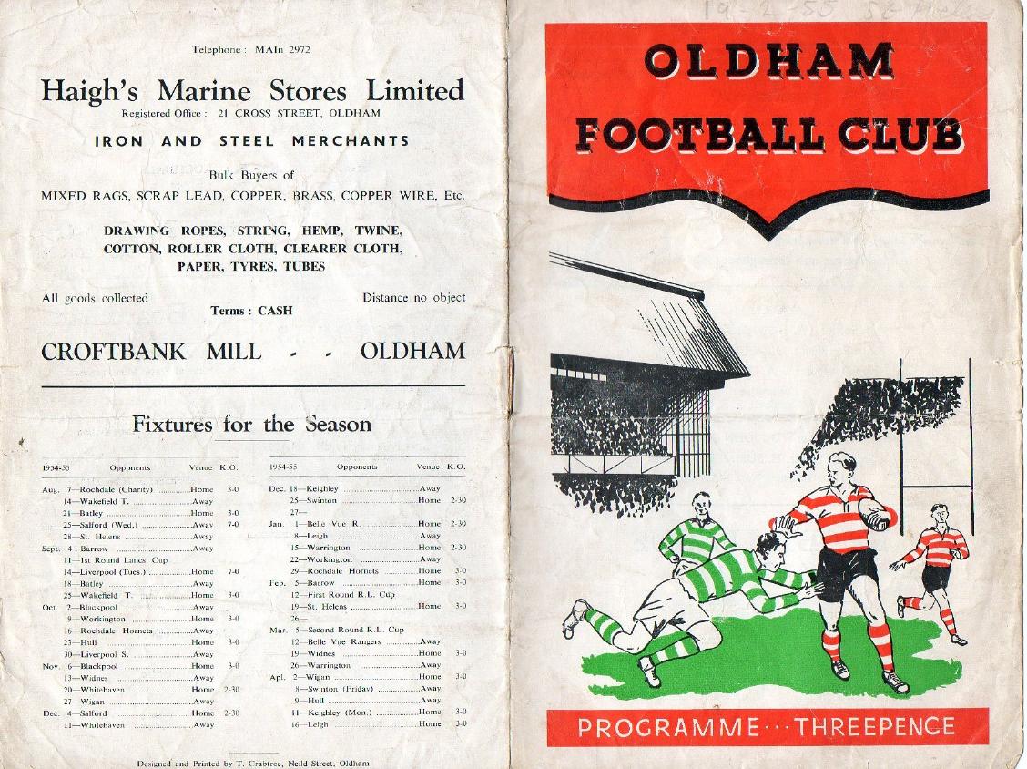 Programme cover: Oldham v St Helens, 19 February 1955
