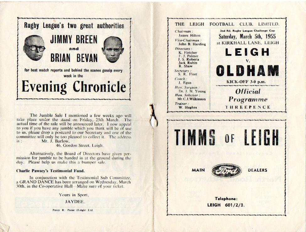 Programme cover: Oldham v Leigh, 5 March 1955