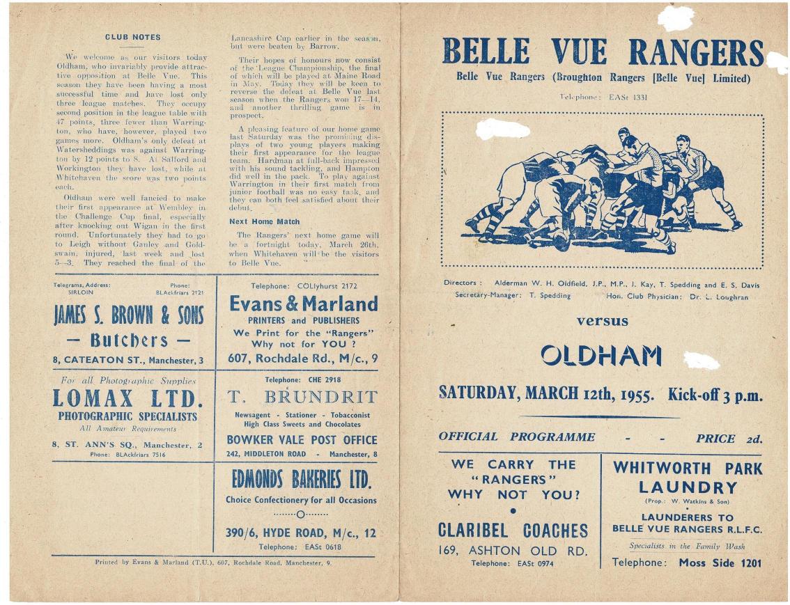 Programme cover: Oldham v Belle Vue Rangers, 12 March 1955