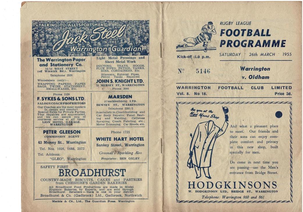 Programme cover: Oldham v Warrington, 26 March 1955
