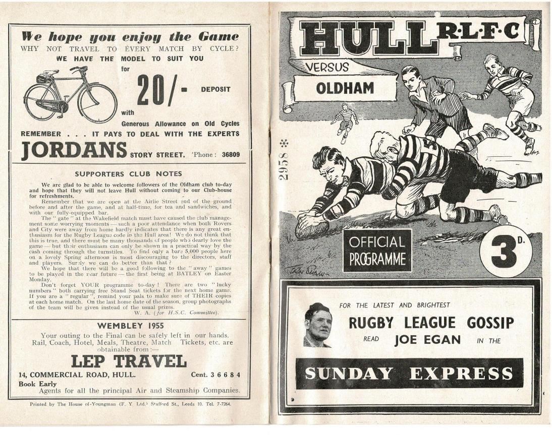 Programme cover: Oldham v Hull FC, 9 April 1955