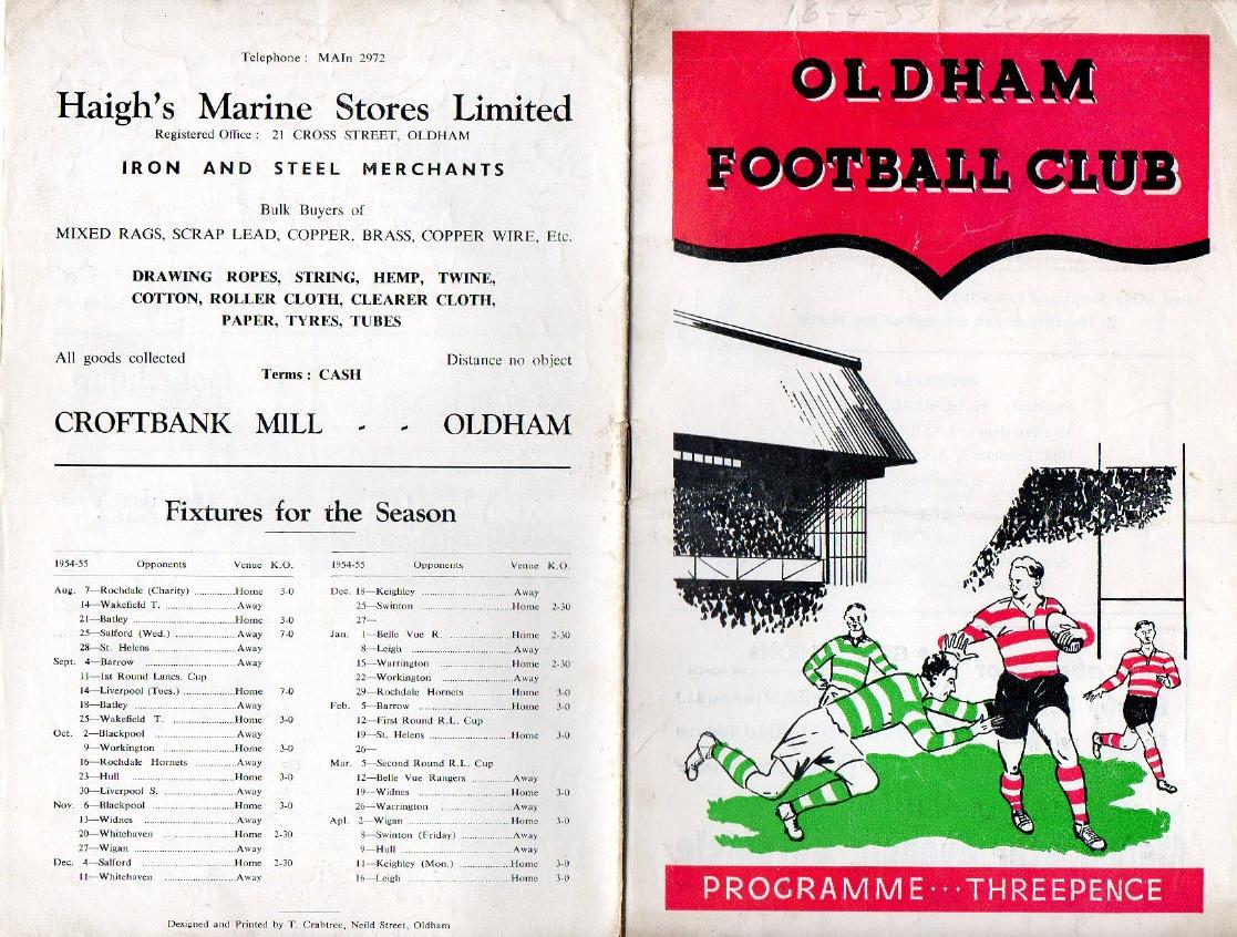 Programme cover: Oldham v Leigh, 16 April 1955