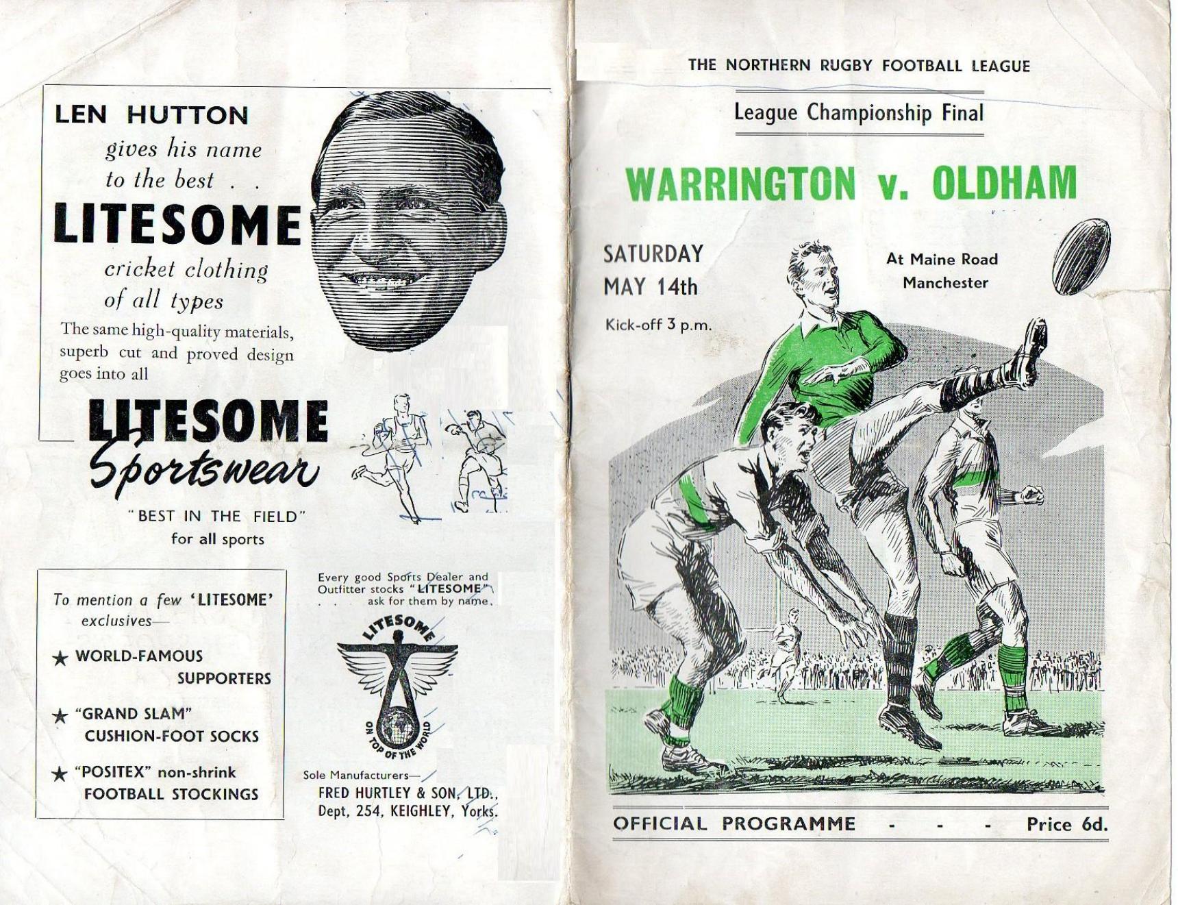 Programme cover: Oldham v Warrington, 14 May 1955