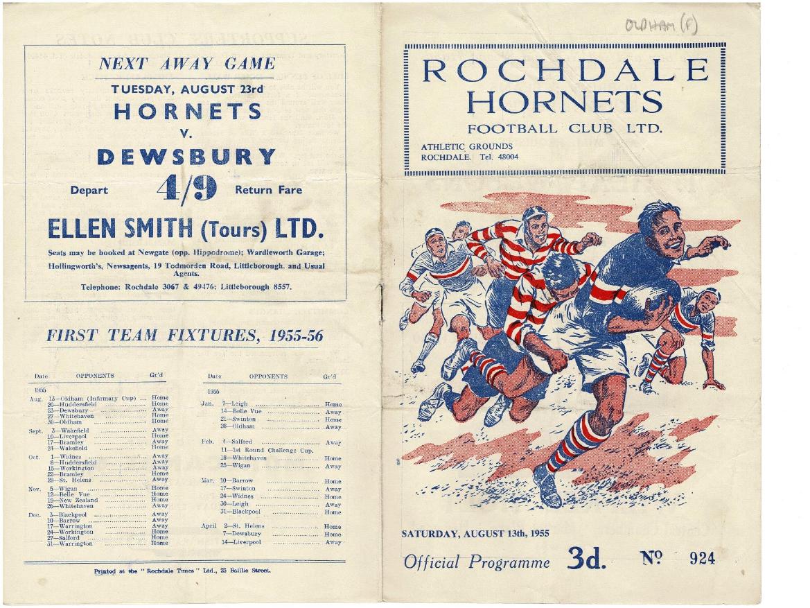 Programme cover: Oldham v Rochdale Hornets, 13 August 1955