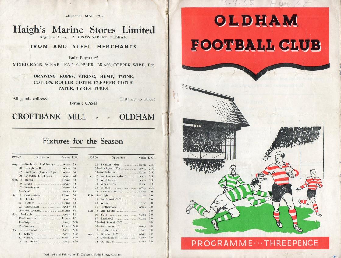 Programme cover: Oldham v Hunslet, 3 September 1955