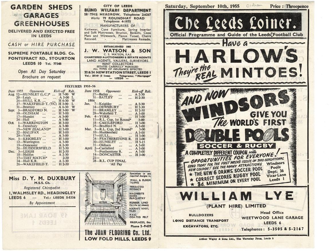 Programme cover: Oldham v Leeds, 10 September 1955