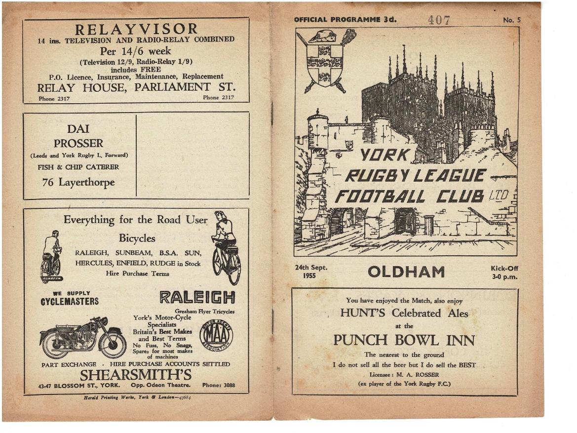 Programme cover: Oldham v York, 24 September 1955
