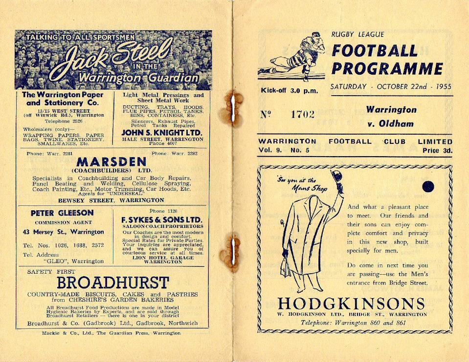 Programme cover: Oldham v Warrington, 22 October 1955