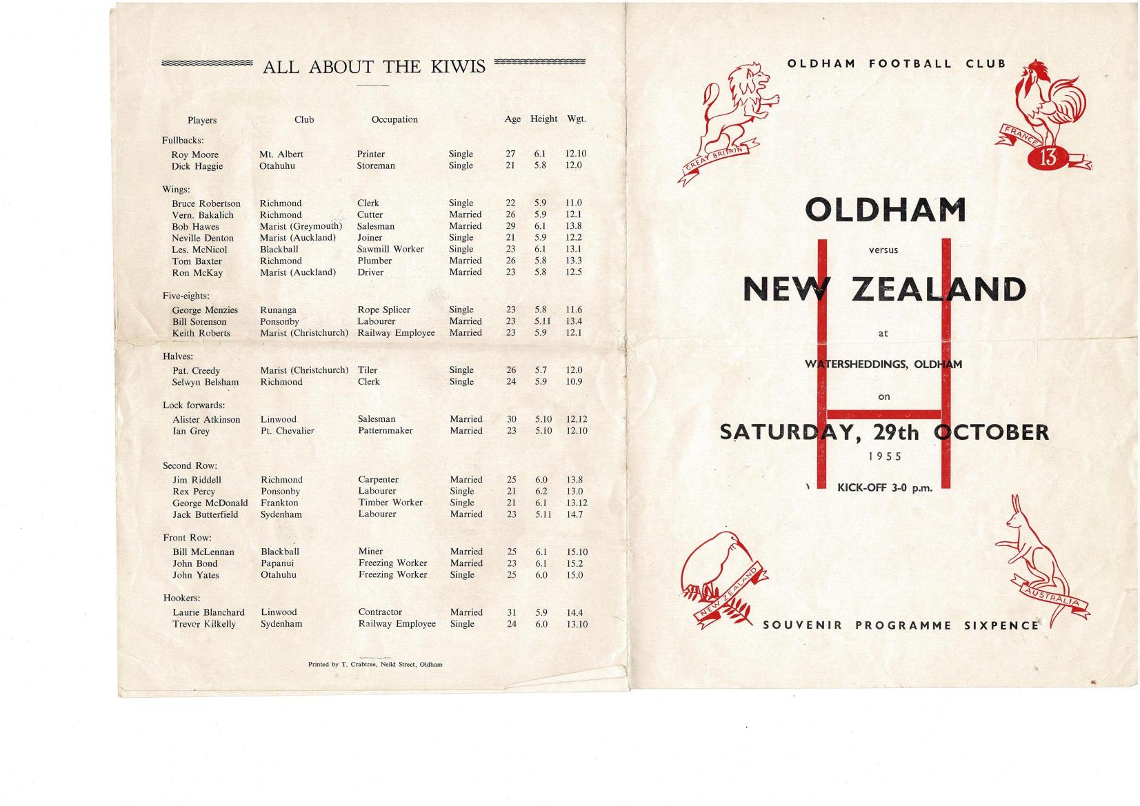 Programme cover: Oldham v New Zealand, 29 October 1955