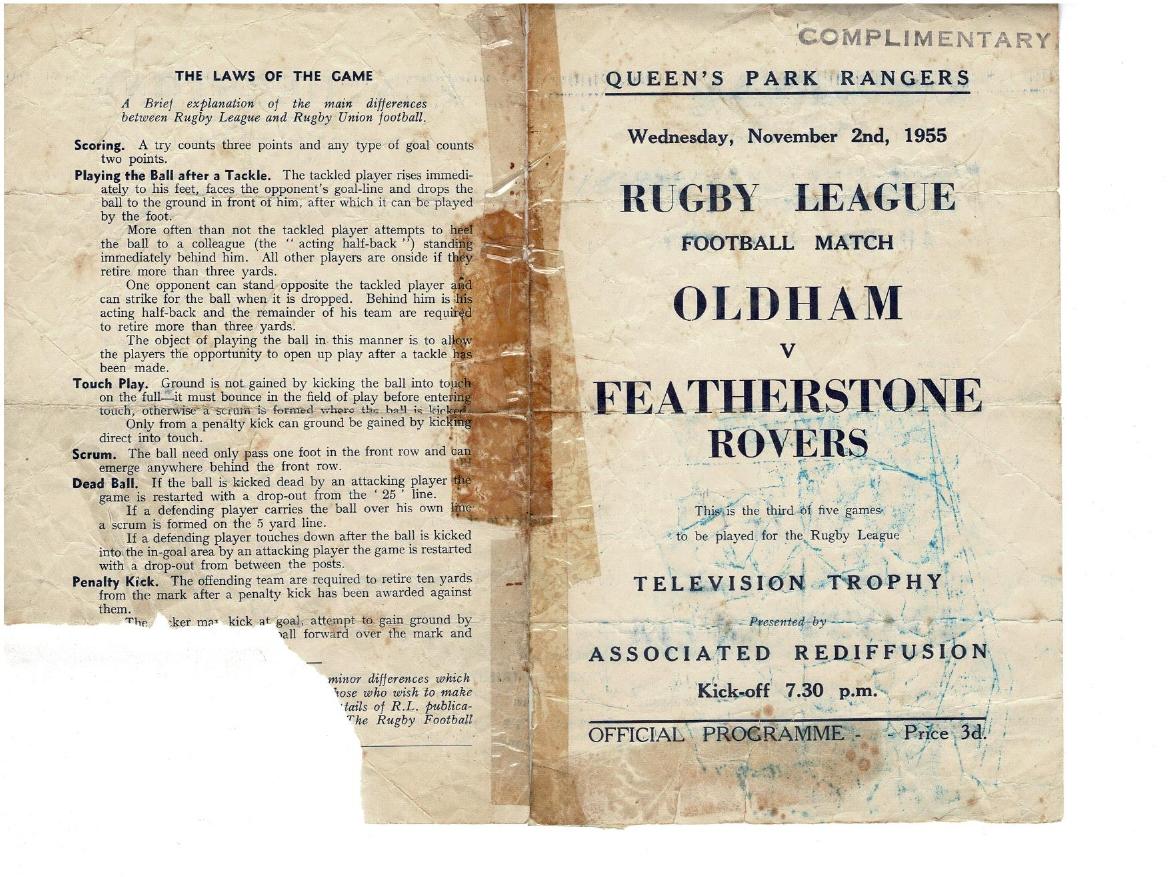 Programme cover: Oldham v Featherstone Rovers, 2 November 1955