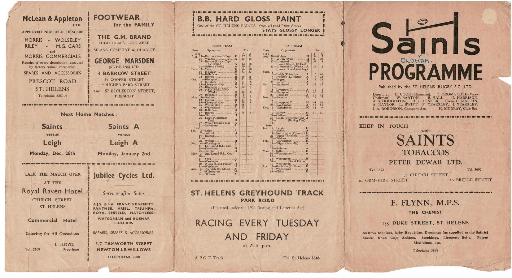Programme cover: Oldham v St Helens, 24 December 1955