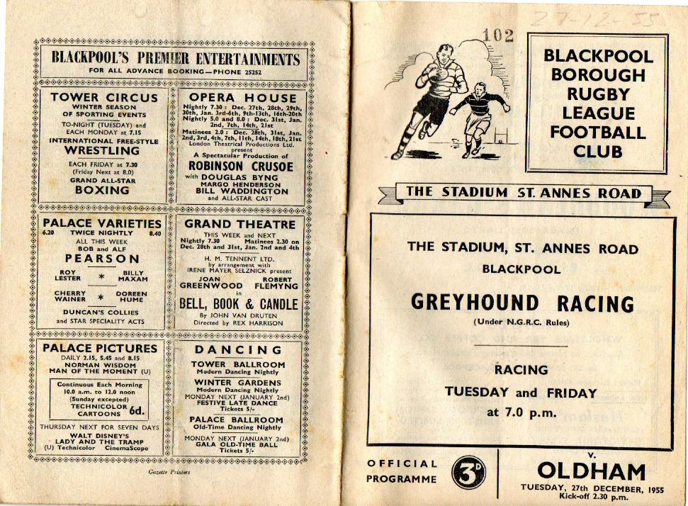 Programme cover: Oldham v Blackpool Borough, 27 December 1955