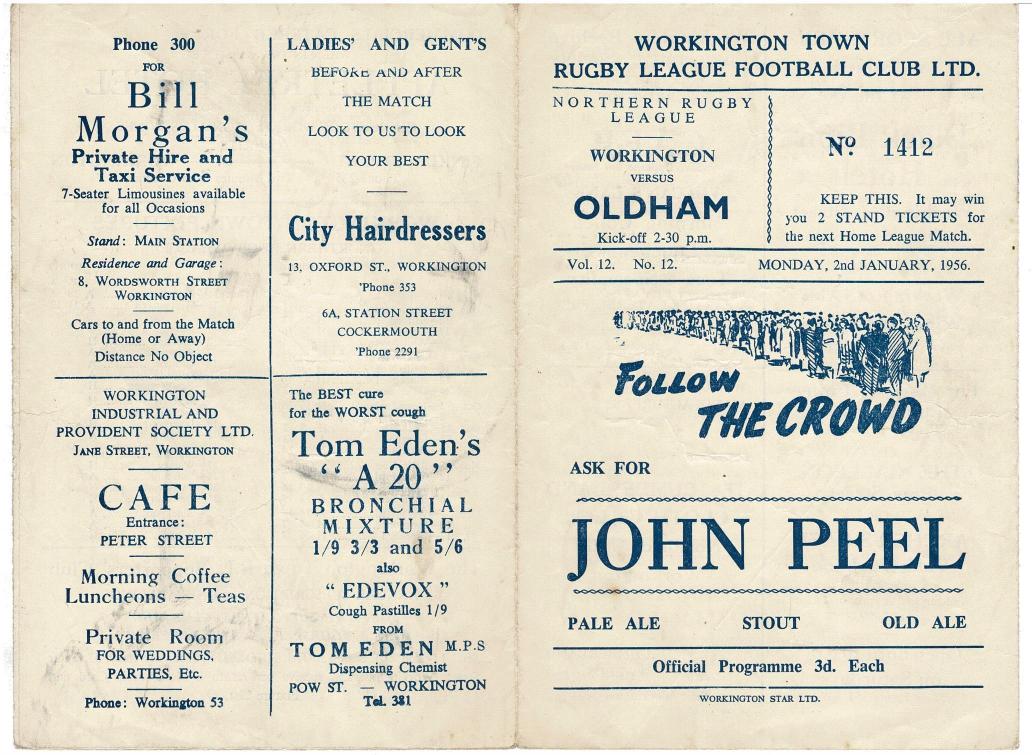 Programme cover: Oldham v Workington Town, 2 January 1956